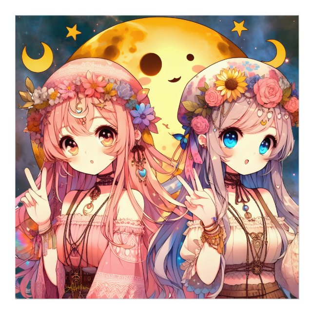 Foto Chicas de la Luna Hippie, Chica anime, dan un sign (Frente)