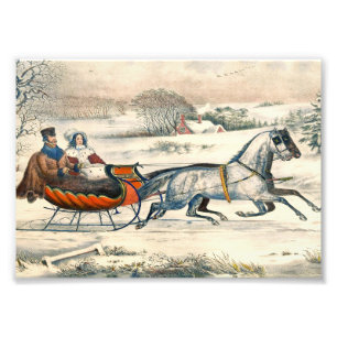 Foto Clásico Paseo en Trineo Currier Ives Camino Invier