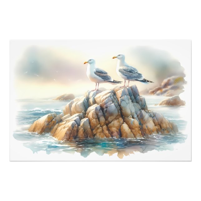 Foto Coastal Seagulls Watercolor Seascape (Frente)