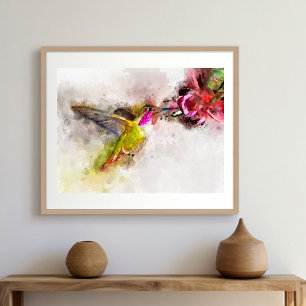 Foto Colibrí alimentándose de flor rosa Acuarela