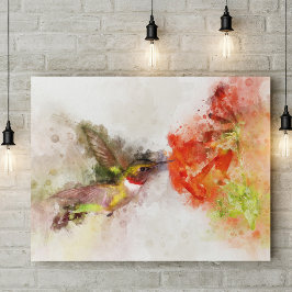 Foto Colibrí en acuarela alimentándose de una vibrante 