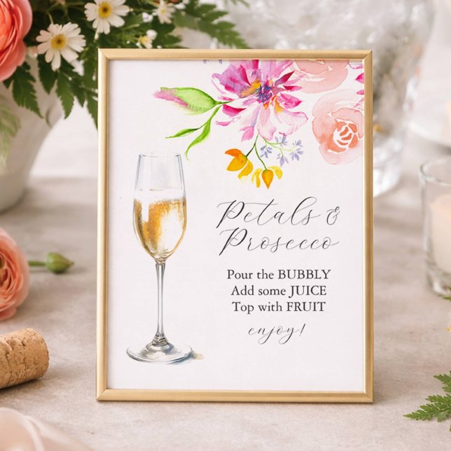 Foto Colorful Petals and Prosecco Bar Sign (Petals and Prosecco bridal shower sign with pink and orange flowers)