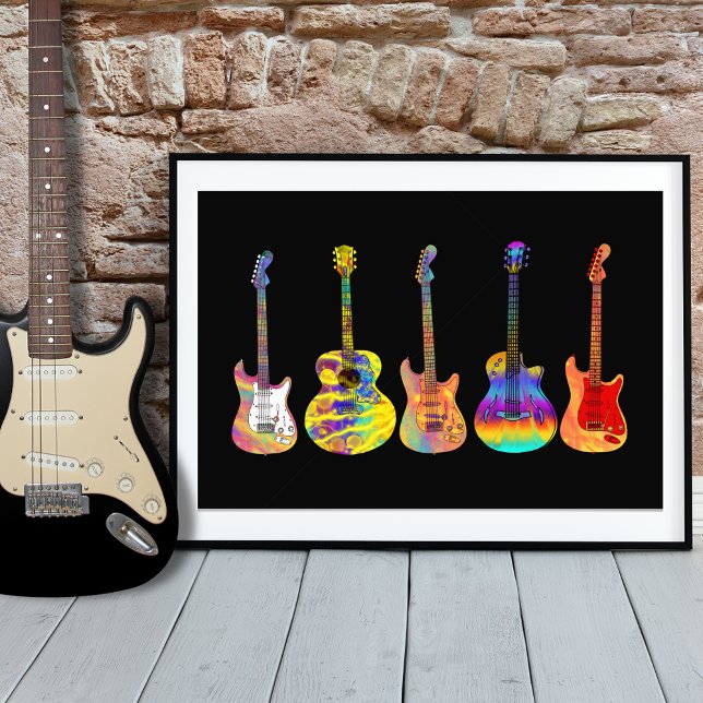 Foto Colorido Funky Guitar Art sobre negro (Colorful funky guitar illustrations psychedelic on black poster by artist Catherine Sweetman)