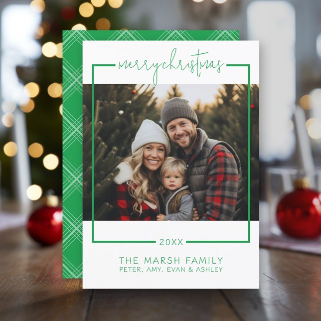 Foto con borde mínimo Feliz Navidad verde (Modern Christmas Photo Greeting Card)