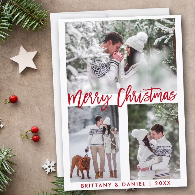 Foto con guión de pincel rojo Feliz Navidad (Customize to add text to back of card.)