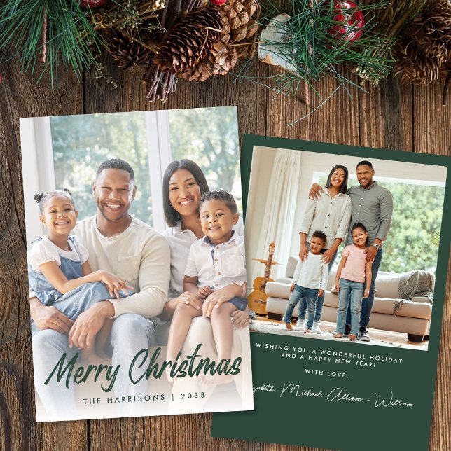Foto con guión verde de Feliz Navidad (Merry Christmas Green Script Photo Holiday Card)