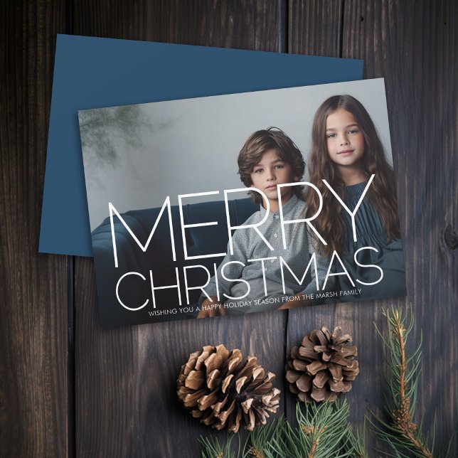 Foto con una enorme Feliz Navidad - azul marino (Rustic Modern Christmas Card with 1 Photo and Type Overlay - Print and Download Options)