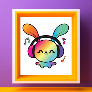 Foto Conejo feliz con auriculares escuchando música.
