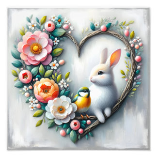 Foto Conejo y Pájaro Caprichosos Corazón Floral