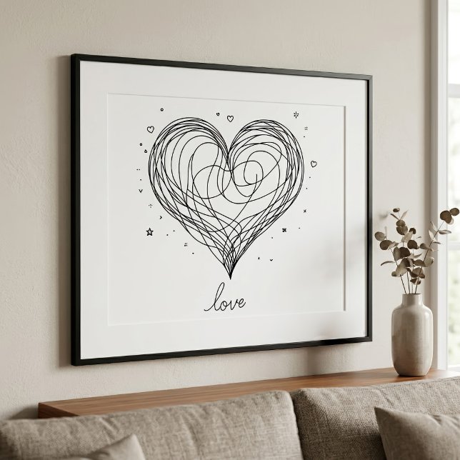 Foto Corazón con diseño de amor de arte de línea capric (Whimsical Line Art Heart with Love Design. Photo Print)