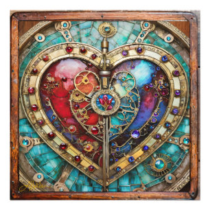 Foto Corazón de vidrio teñido rojo y azul serie Steampu