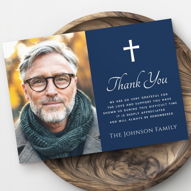 Foto cruzada azul oscuro solidaridad tarjeta de ag (Cross photo dark blue sympathy thank you card)