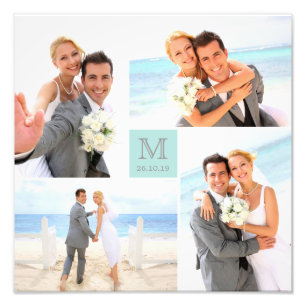 Foto Cuadrícula elegante Cuadrado azul Monograma 4 Boda