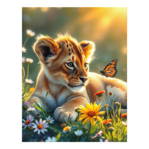 Foto Cubo de león al amanecer con una mariposa