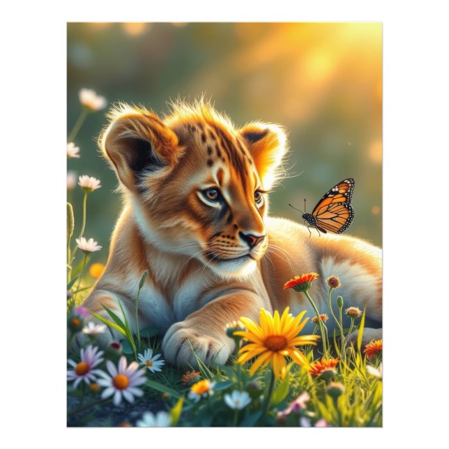 Foto Cubo de león al amanecer con una mariposa (Frente)