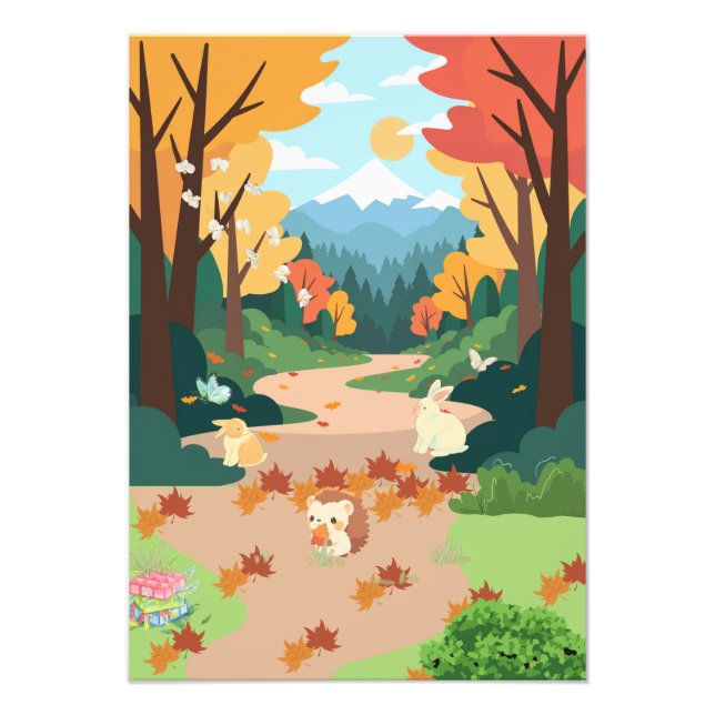 Foto Cute Autumn Forest Animals Cozy Landscape Art Post (Frente)