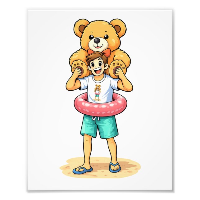 Foto Cute Cartoon Man with Giant Teddy Bear Summer Fun (Frente)