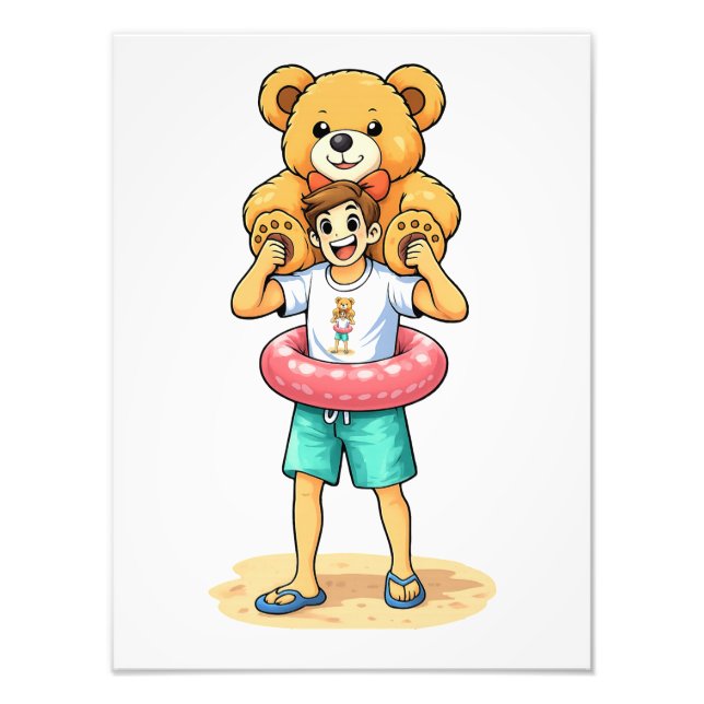Foto Cute Cartoon Man with Giant Teddy Bear Summer Fun (Frente)