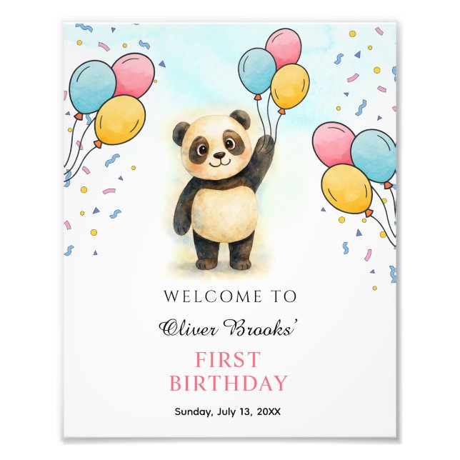 Foto Cute Watercolor Panda 1st Birthday Party Poster (Frente)