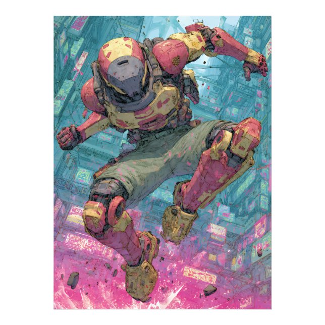 Foto Cyberpunk Mecha Pilot Leap Neon City Action Art (Frente)