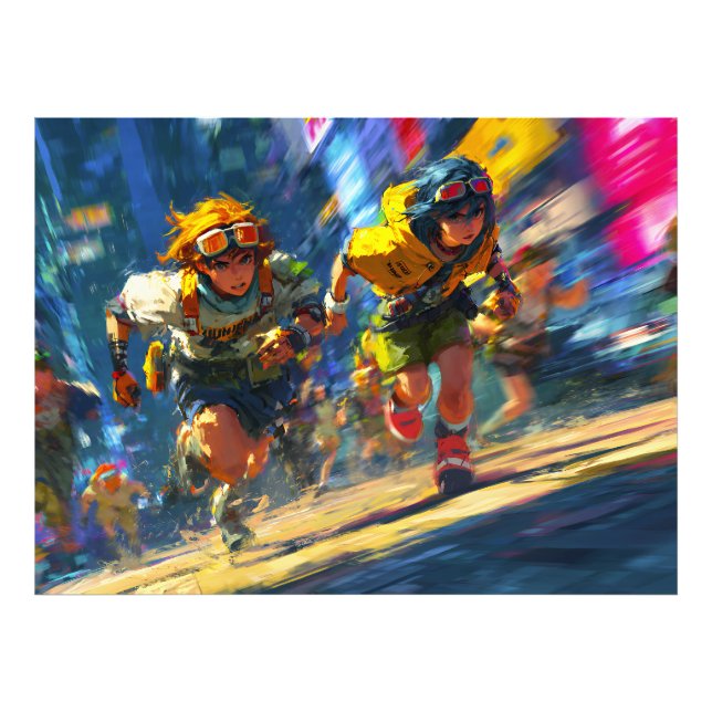 Foto Cyberpunk Runners Sprint Neon Rain City Action Art (Frente)