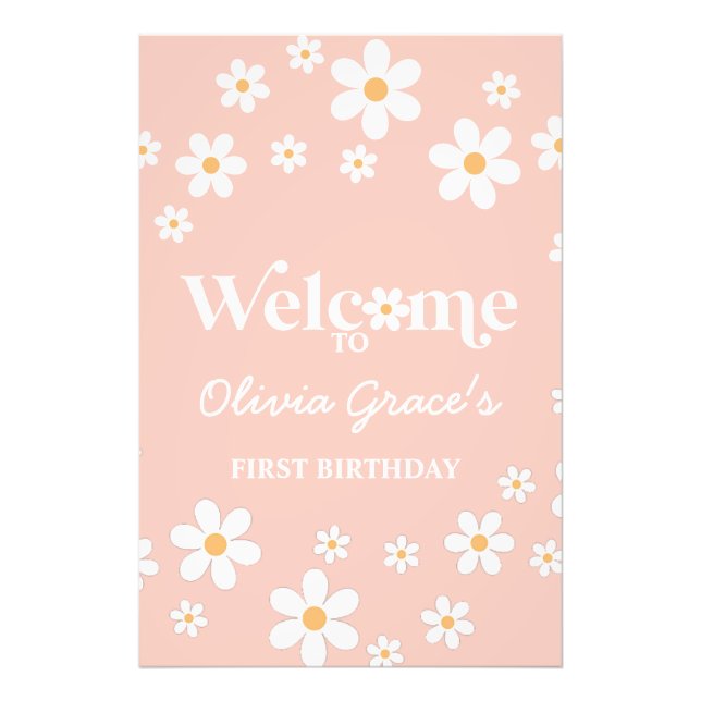 Foto Daisy Retro Rosa primer cumpleaños Bienvenida  (Frente)