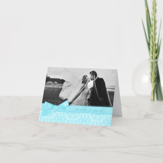 Foto: damask tarjeta azul pálido de boda (Anverso)