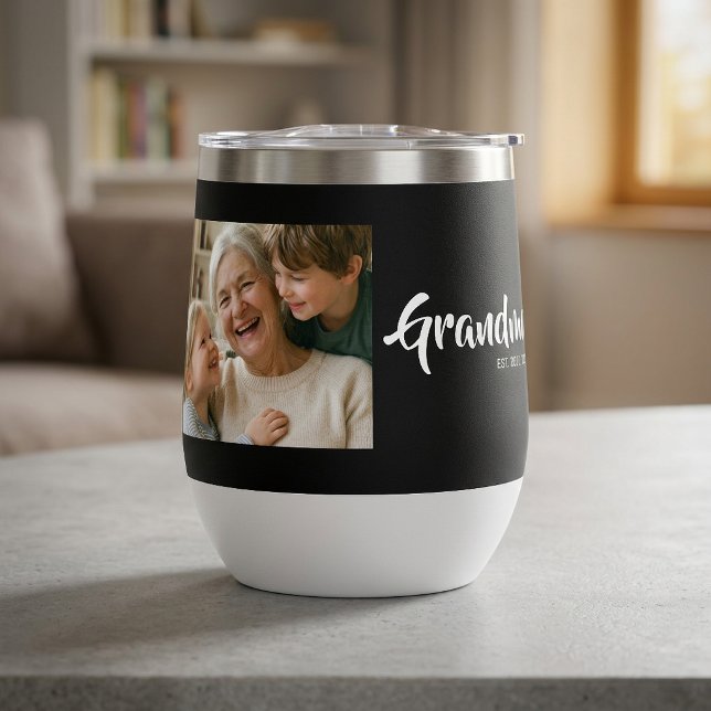 Foto de Abuela Establecida con Letra (Grandma Established Script Photo Wine Tumbler)
