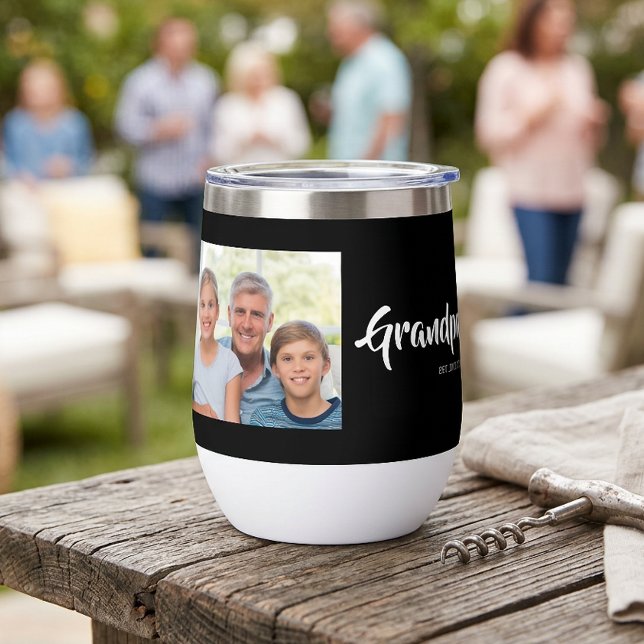 Foto de Abuelo Establecido con Letra (Grandpa Established Script Photo Thermal Wine Tumbler)