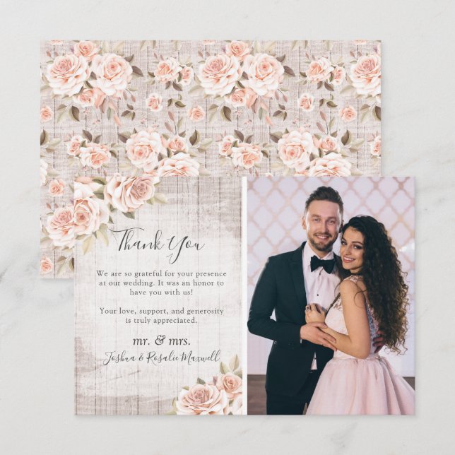 Foto de agradecimiento de boda rústica de madera y (Anverso / Reverso)