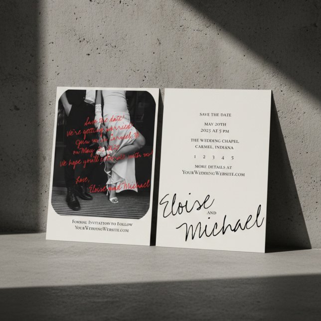Foto de anuncio de boda con superposición manuscri (Modern Romantic Handwritten Photo Save the Date Invitation)