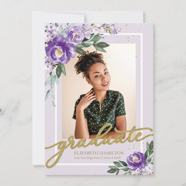 Foto de anuncio de graduación floral púrpura de gr (Anverso)