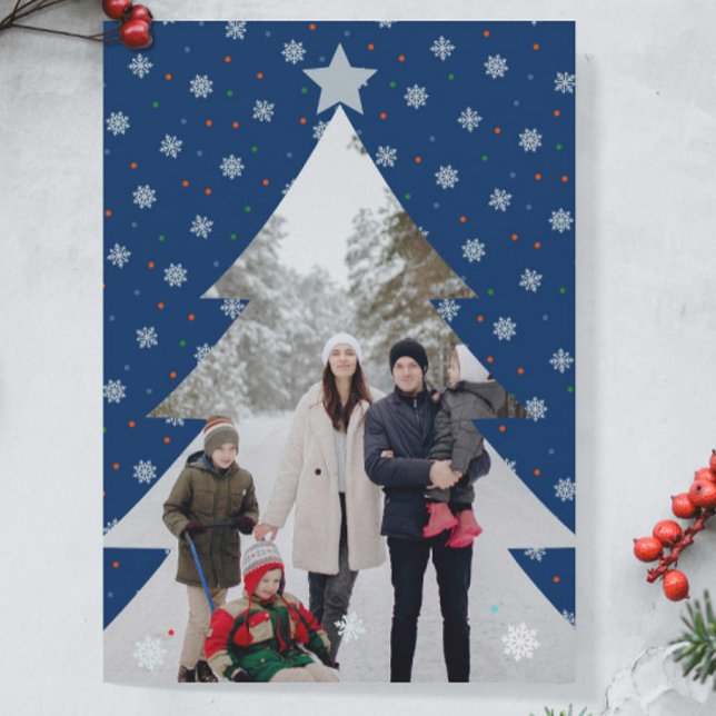 Foto de árbol de navidad con copas de nieve azul m (Elegant blue custom photo Christmas card with snowflakes)