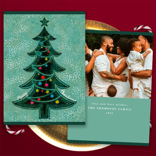 Foto de árbol de Navidad moderno geométrico verde (Front and Back)