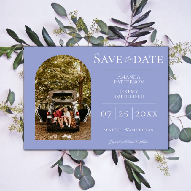 Foto de Arco Simple | Anuncio de Fecha de Boda Per (Periwinkle Simple Arch Photo Save the Date)