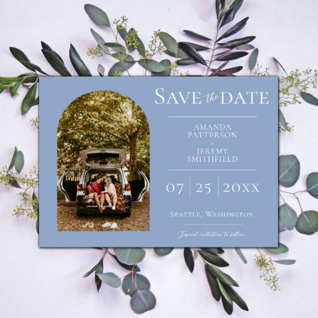 Foto de Arco Simple | Anuncio de Salvar la Fecha A (Dusty Blue Simple Arch Photo Save the Date)