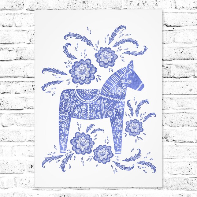 Foto de arte folclórico Dala Sueca Blue Horse (Swedish Dala Horse folk art blue and white art print)