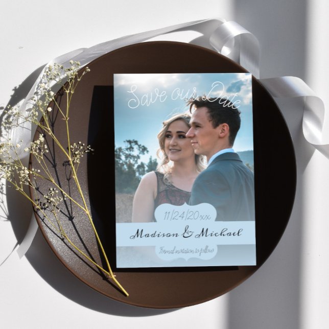 Foto De Banner Azul Suave Salva El Anuncio De Fech (Soft Blue Banner Photo Save the Date)