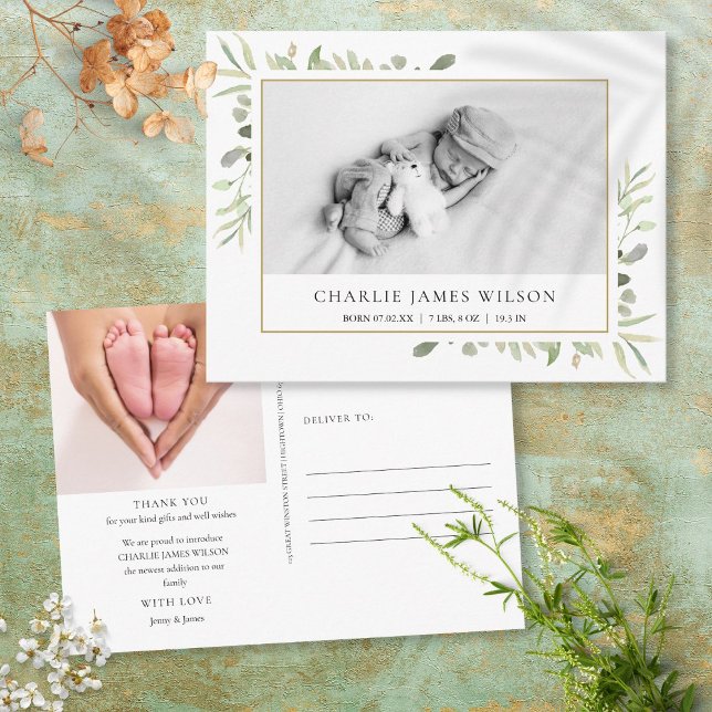 Foto de bebé Acuarela Verde Tarjeta de agradecimie (Subido por el creador)