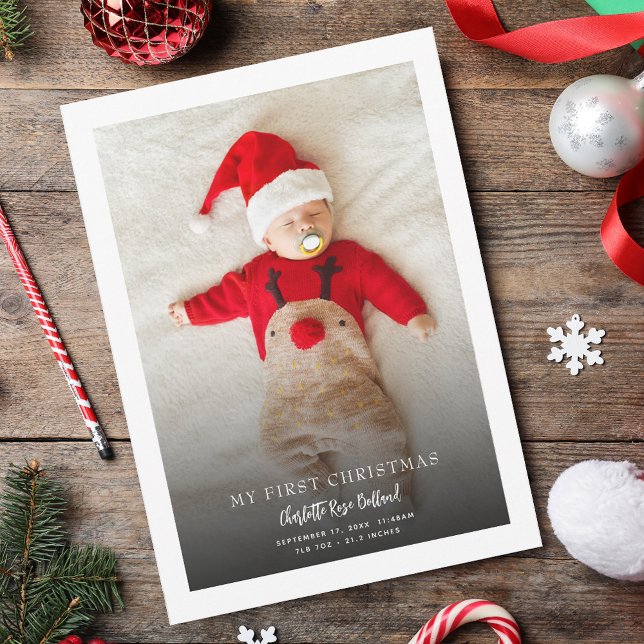 Foto de bebé moderna Nacimiento de Navidad primero (1st Christmas Baby Photo Birth Stats Holiday Greeting Card)