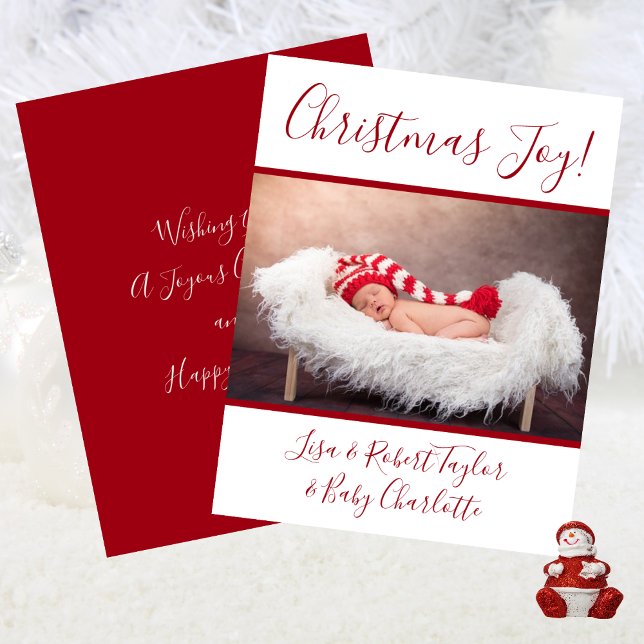Foto de bebé Navidad alegría con nombres rojo (Baby Photo Christmas Joy With Names Red Holiday Card)