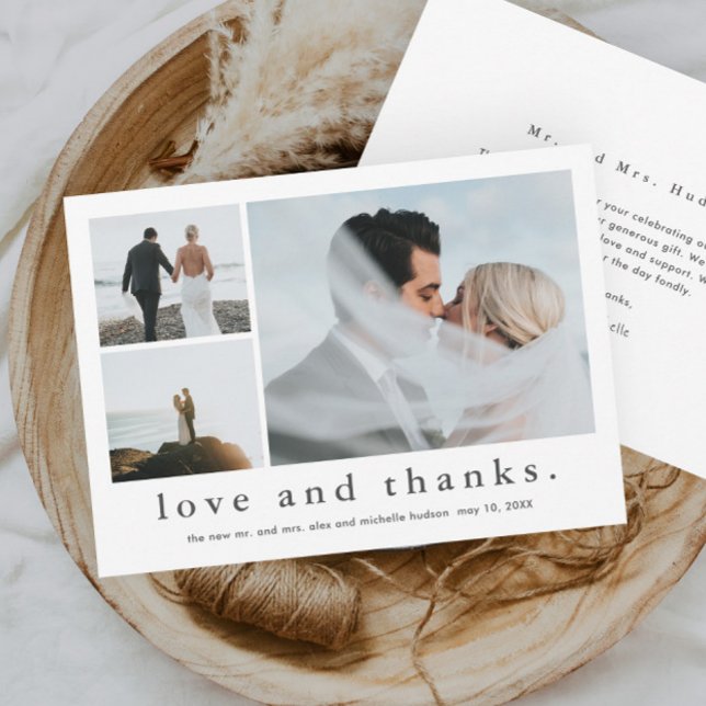 Foto de boda de amor y agradecimiento (Simple black and white love and thanks 3 photo collage wedding thank you card.)