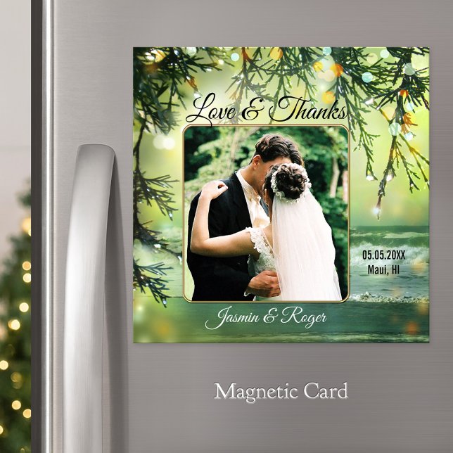 Foto De Boda De Playa Gracias Tarjeta Magnética (Wedding Thank You magnetic card featuring your photo framed by a festive teal sparkling beach )