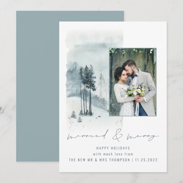 Foto de Boda forestal de nieve casada Feliz Navida (Anverso / Reverso)