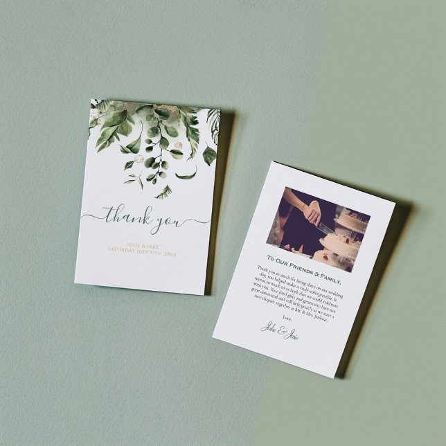 foto de boda, tarjeta de agradecimiento de la boda (Modern green leaves wedding thank you card, with elegant script and photo)