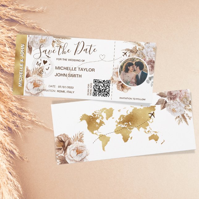 Foto de Boho Guardar la tarjeta de embarque Código (boho pampas grass gold world map)