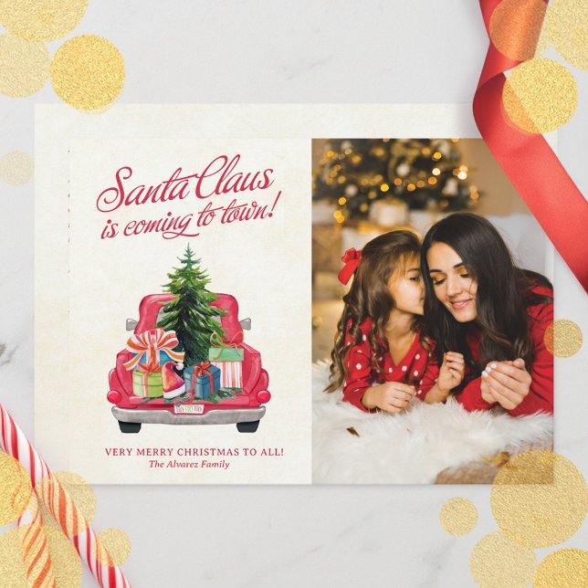 Foto de camionetas rojas antiguas (Vintage Red Santa Truck Photo Holiday Card)