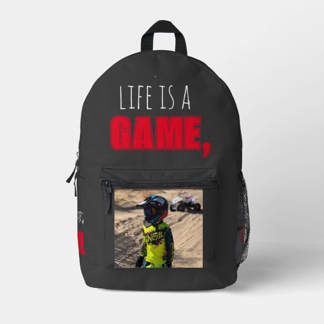 Foto de ciclismo de mochila "La vida es un juego,  (Anverso)
