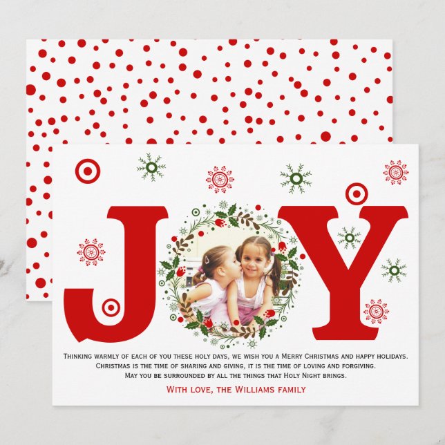 Foto de corona floral de Navidad y alegría roja (Anverso / Reverso)