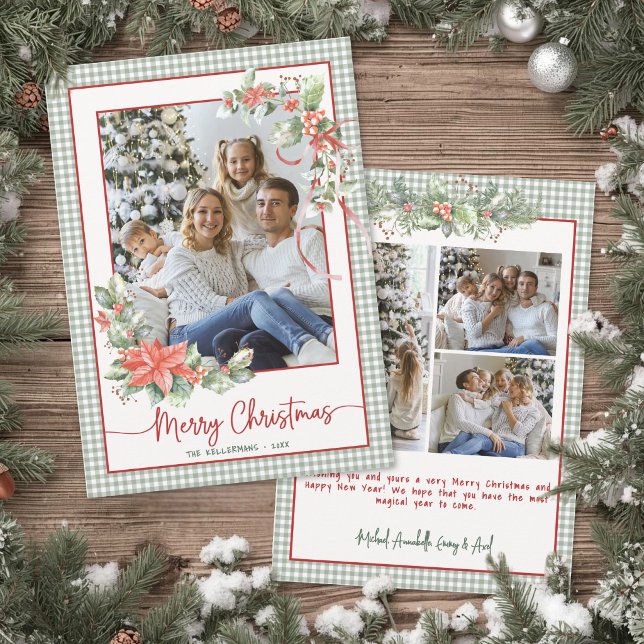 Foto de cuadros de gingham verde Feliz Navidad (Green Gingham Plaid Photo Merry Christmas Holiday Card)